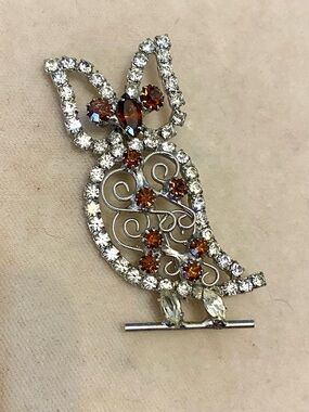 Vintage Owl Rhinestone Brooch
